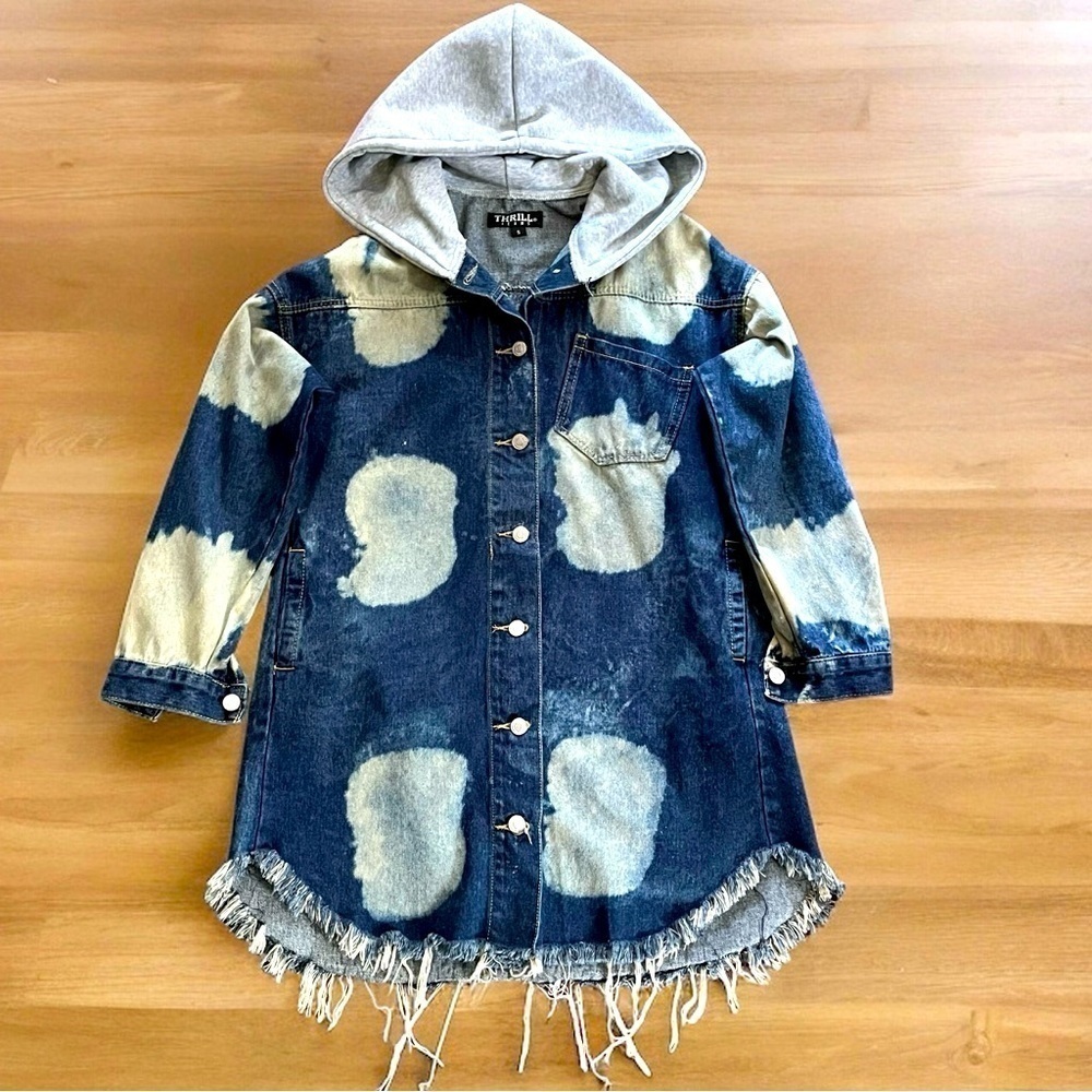 Thrill Jeans Ripped Frayed Hem Denim Jacket Blue/Gray Hoodie Women’s Small